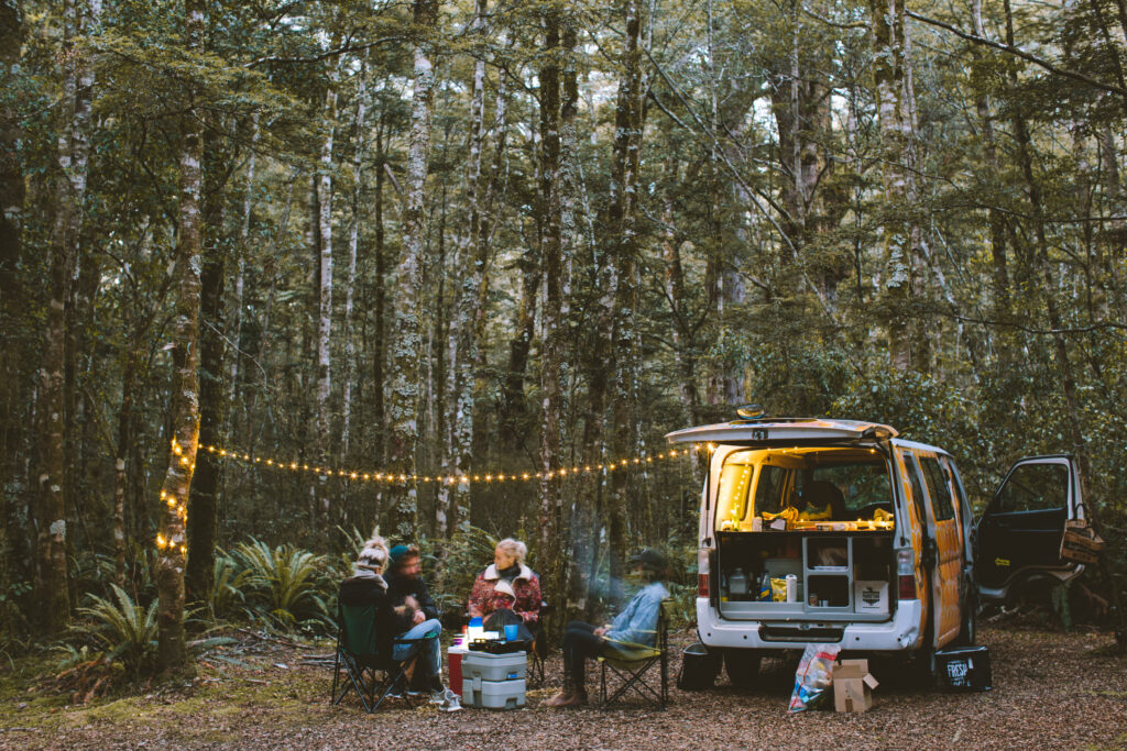 Camping in campervan in forest