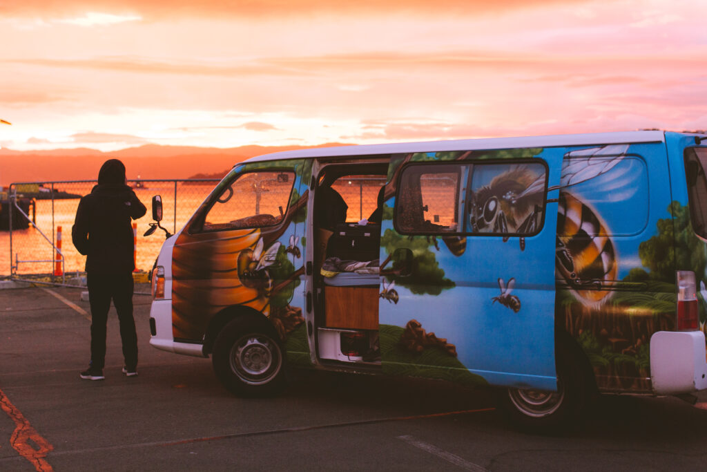 Sunset view with campervan